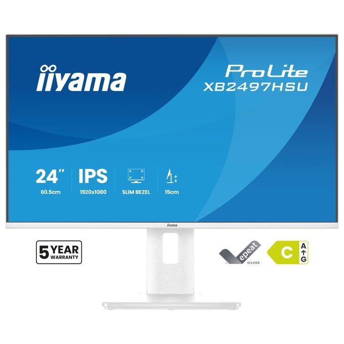 Iiyama ProLite XB2497HSU-W1 monitor 23,8 pollici, IPS Full HD 120Hz, regolazione altezza, hub USB 3.2, flicker free, bianco
