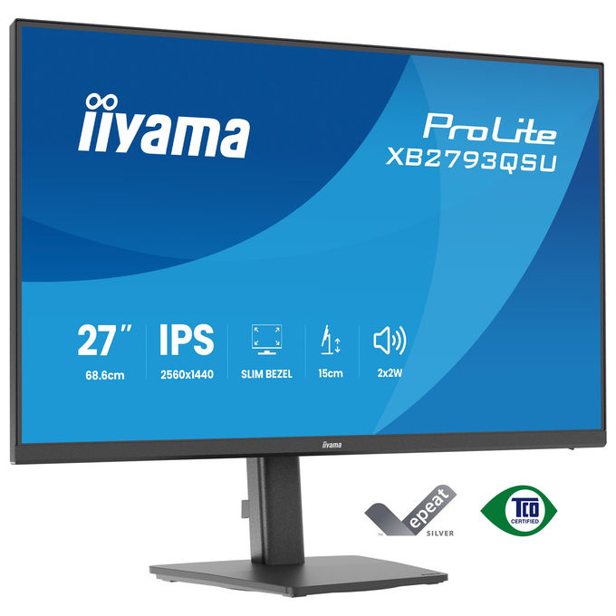 Iiyama ProLite XB2793QSU-B1 monitor 27 pollici, Quad HD 2560x1440, IPS, 75 Hz, AMD FreeSync, Flicker-Free, hub USB, Nero