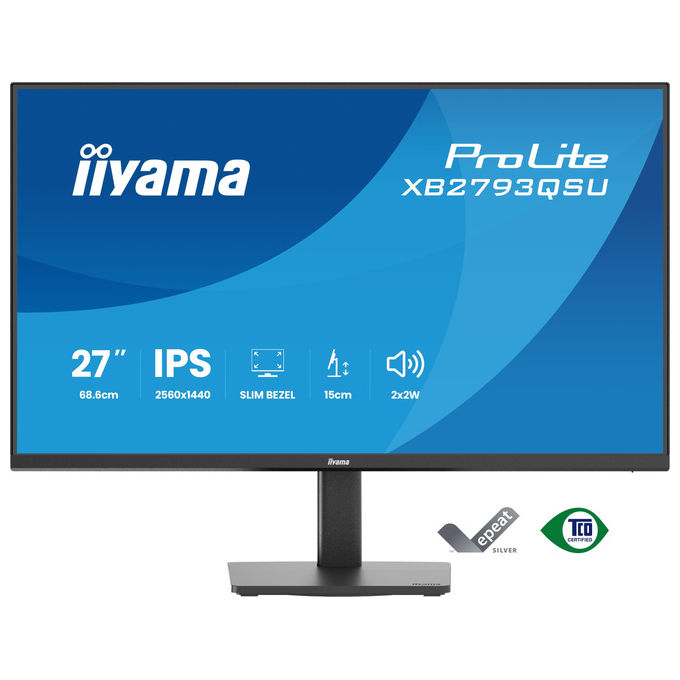 Iiyama ProLite XB2793QSU-B1 monitor 27 pollici, Quad HD 2560x1440, IPS, 75 Hz, AMD FreeSync, Flicker-Free, hub USB, Nero