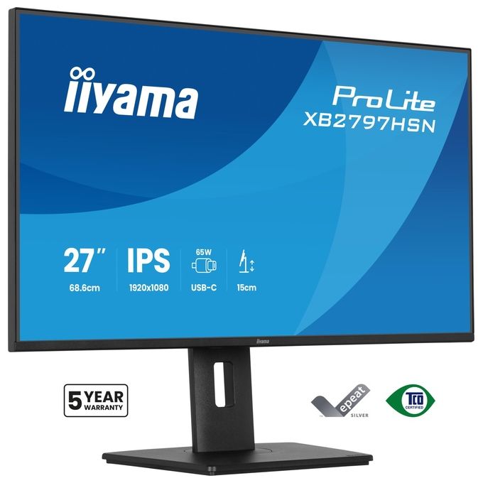 Iiyama ProLite XB2797HSN-B1 monitor 27 pollici, IPS Full HD, docking USB-C 65W, 100Hz, RJ45, hub USB, regolabile in altezza