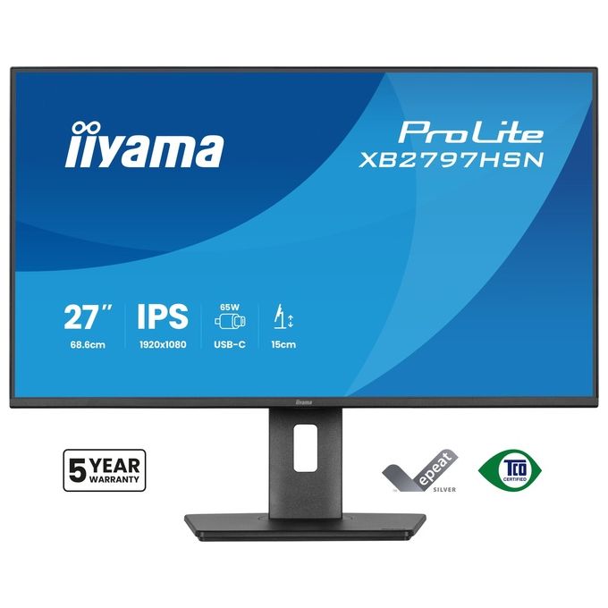 Iiyama ProLite XB2797HSN-B1 monitor 27 pollici, IPS Full HD, docking USB-C 65W, 100Hz, RJ45, hub USB, regolabile in altezza