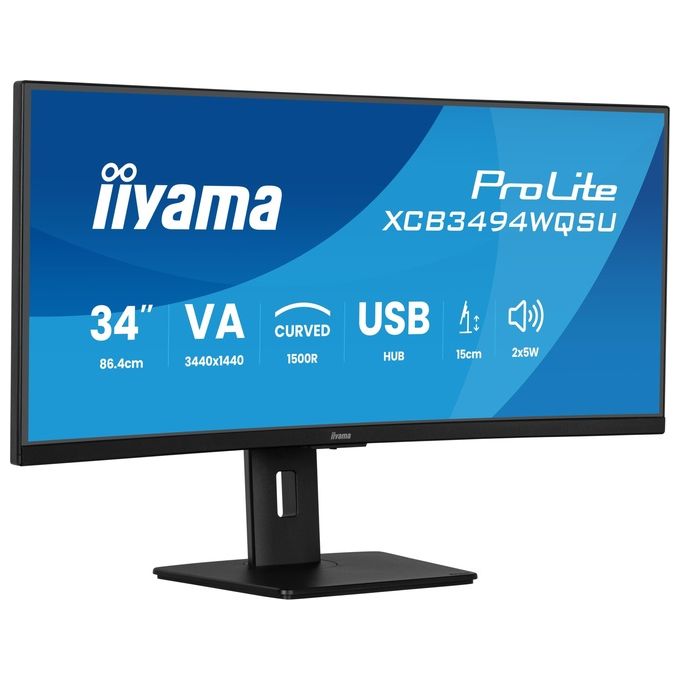 Iiyama monitor curvo 34 pollici UWQHD, ProLite XCB3494WQSU-B1, pannello VA, 3440x1440, 120Hz, FreeSync Premium, regolazione altezza 150mm