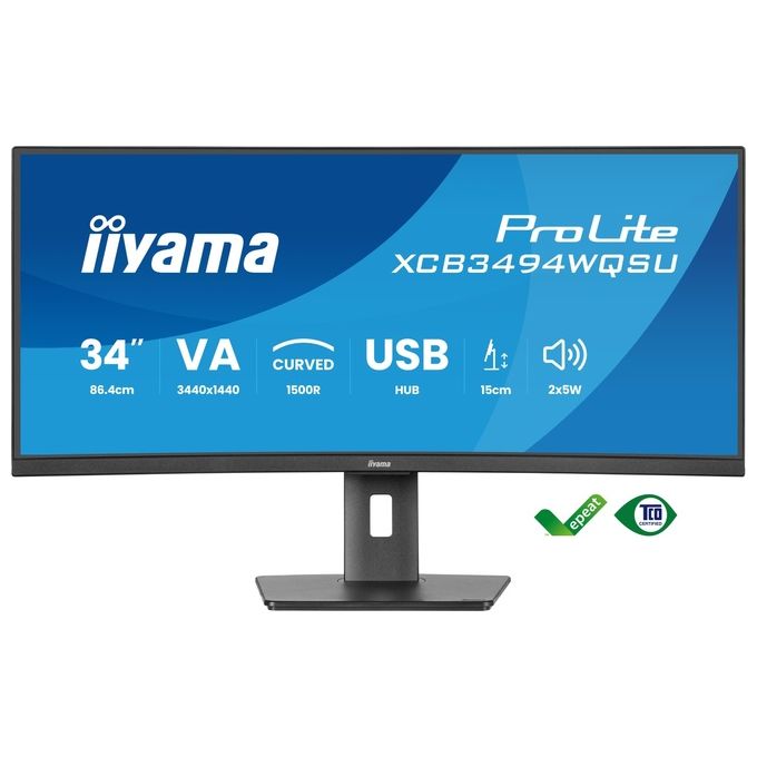 Iiyama monitor curvo 34 pollici UWQHD, ProLite XCB3494WQSU-B1, pannello VA, 3440x1440, 120Hz, FreeSync Premium, regolazione altezza 150mm