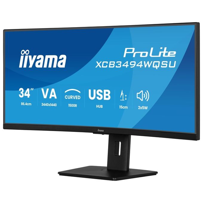 Iiyama monitor curvo 34 pollici UWQHD, ProLite XCB3494WQSU-B1, pannello VA, 3440x1440, 120Hz, FreeSync Premium, regolazione altezza 150mm