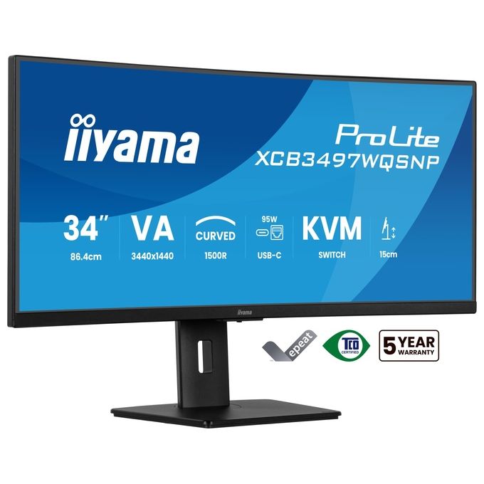 Iiyama monitor curvo 34 pollici, ProLite XCB3497WQSNP-B1, UWQHD 3440x1440, 120Hz, VA, KVM switch, USB-C dock PD 95W, LAN, HAS 150mm