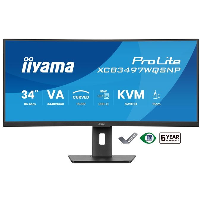 Iiyama monitor curvo 34 pollici, ProLite XCB3497WQSNP-B1, UWQHD 3440x1440, 120Hz, VA, KVM switch, USB-C dock PD 95W, LAN, HAS 150mm