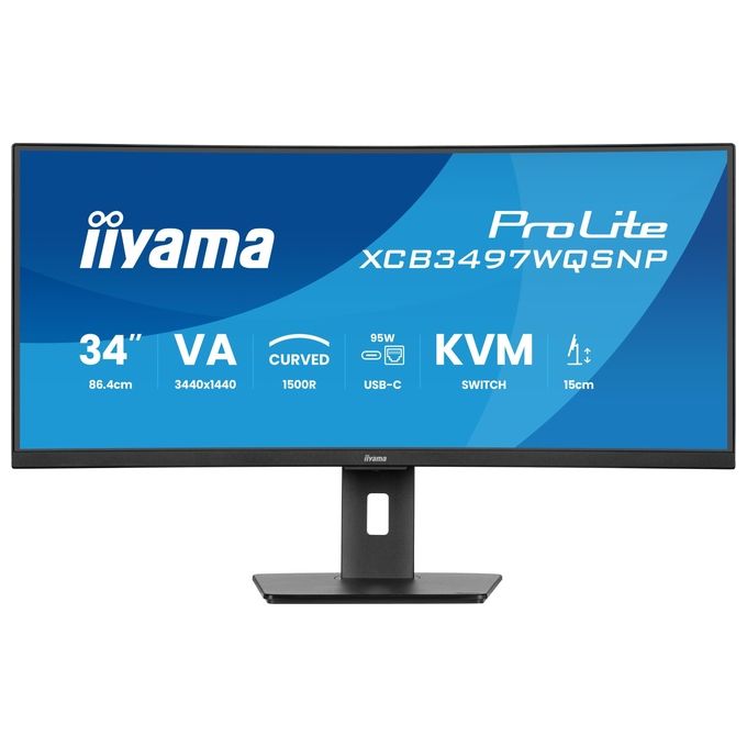 Iiyama monitor curvo 34 pollici, ProLite XCB3497WQSNP-B1, UWQHD 3440x1440, 120Hz, VA, KVM switch, USB-C dock PD 95W, LAN, HAS 150mm