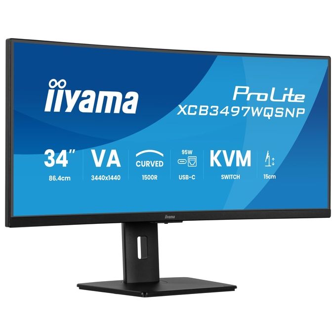 Iiyama monitor curvo 34 pollici, ProLite XCB3497WQSNP-B1, UWQHD 3440x1440, 120Hz, VA, KVM switch, USB-C dock PD 95W, LAN, HAS 150mm