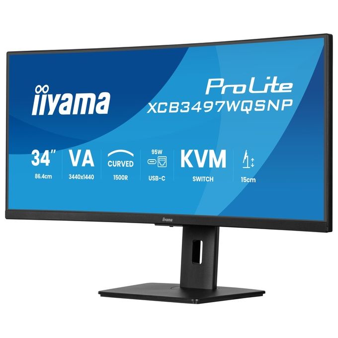 Iiyama monitor curvo 34 pollici, ProLite XCB3497WQSNP-B1, UWQHD 3440x1440, 120Hz, VA, KVM switch, USB-C dock PD 95W, LAN, HAS 150mm