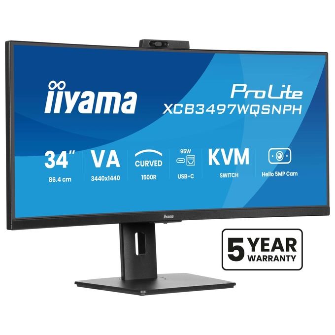 Iiyama monitor curvo 34 pollici UWQHD, ProLite XCB3497WQSNPH-B1, pannello VA, webcam 5MP Windows Hello, dock USB-C 95W, switch KVM, LAN, 120Hz