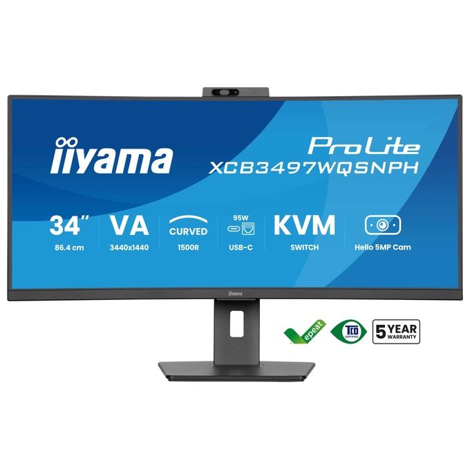 Iiyama monitor curvo 34 pollici UWQHD, ProLite XCB3497WQSNPH-B1, pannello VA, webcam 5MP Windows Hello, dock USB-C 95W, switch KVM, LAN, 120Hz