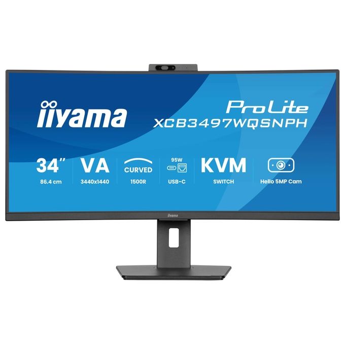 Iiyama monitor curvo 34 pollici UWQHD, ProLite XCB3497WQSNPH-B1, pannello VA, webcam 5MP Windows Hello, dock USB-C 95W, switch KVM, LAN, 120Hz