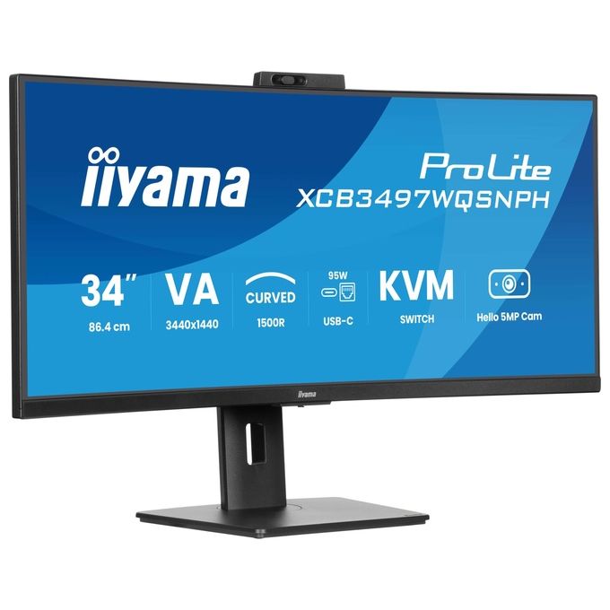 Iiyama monitor curvo 34 pollici UWQHD, ProLite XCB3497WQSNPH-B1, pannello VA, webcam 5MP Windows Hello, dock USB-C 95W, switch KVM, LAN, 120Hz