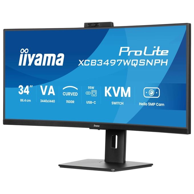 Iiyama monitor curvo 34 pollici UWQHD, ProLite XCB3497WQSNPH-B1, pannello VA, webcam 5MP Windows Hello, dock USB-C 95W, switch KVM, LAN, 120Hz